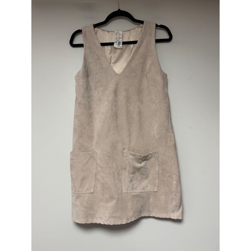 Stella & Dot Faux Suede Mini Dress Womens Medium Beige V-Neck Pockets ADK63208-2